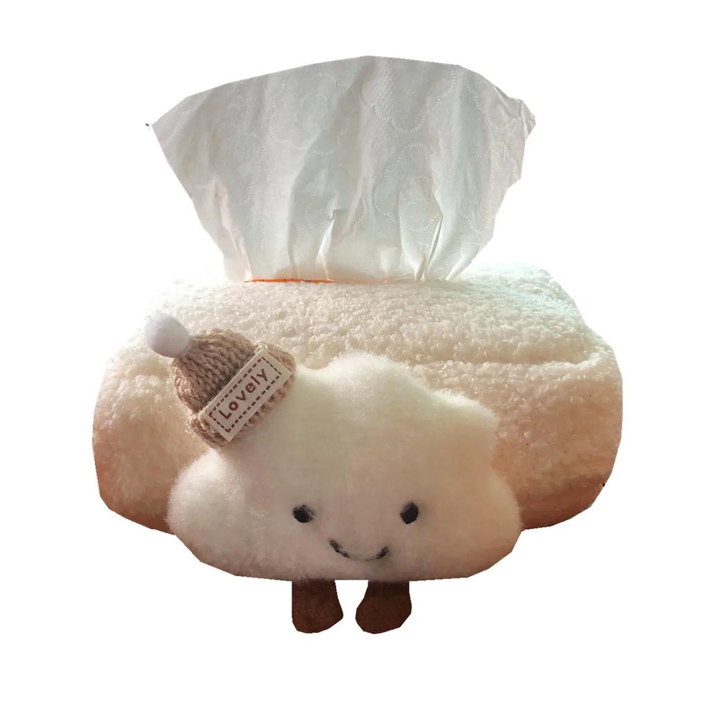 1 Pack Adorable Plush Cloud Car Tissue Holder Bow Knit Hat Car Headrest Tissue Box for Women Girls Auto Interior Decor