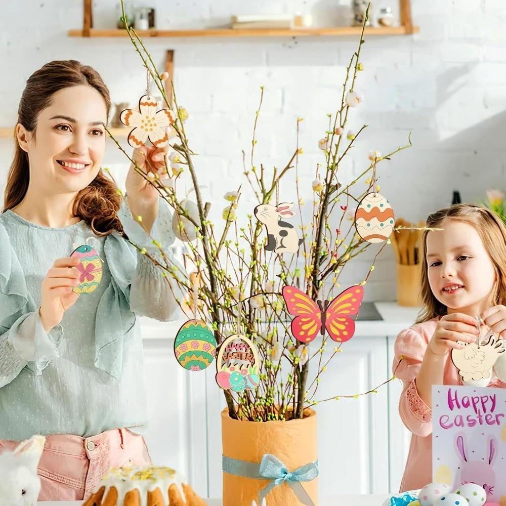 8 Pieces Unfinished Wooden Easter Egg Graffiti Painting Toy Easter Painted Crafts Home Decor