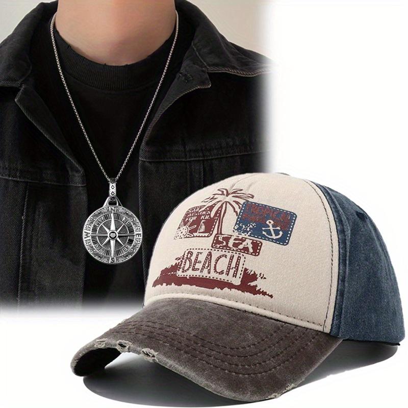 2Pcs Men Women Embroidery Baseball Cap Duck Tongue Cap Disc Compass Pendant Necklace Set Sports Fashion Leisure Net Red Couple Sun Hat Sun Hat