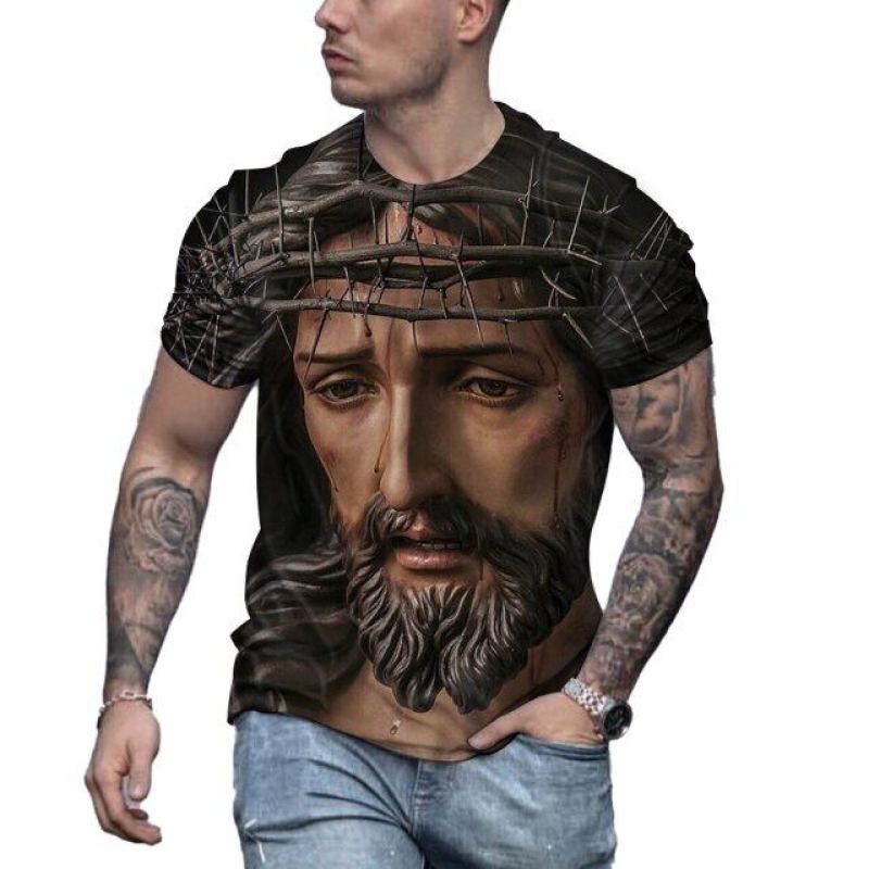 Retro Men's T-shirt Jesus Pattern T-shirt Men's Casual Short sleeved T-shirt Quick Drying Large Clothing Top Street Clothing