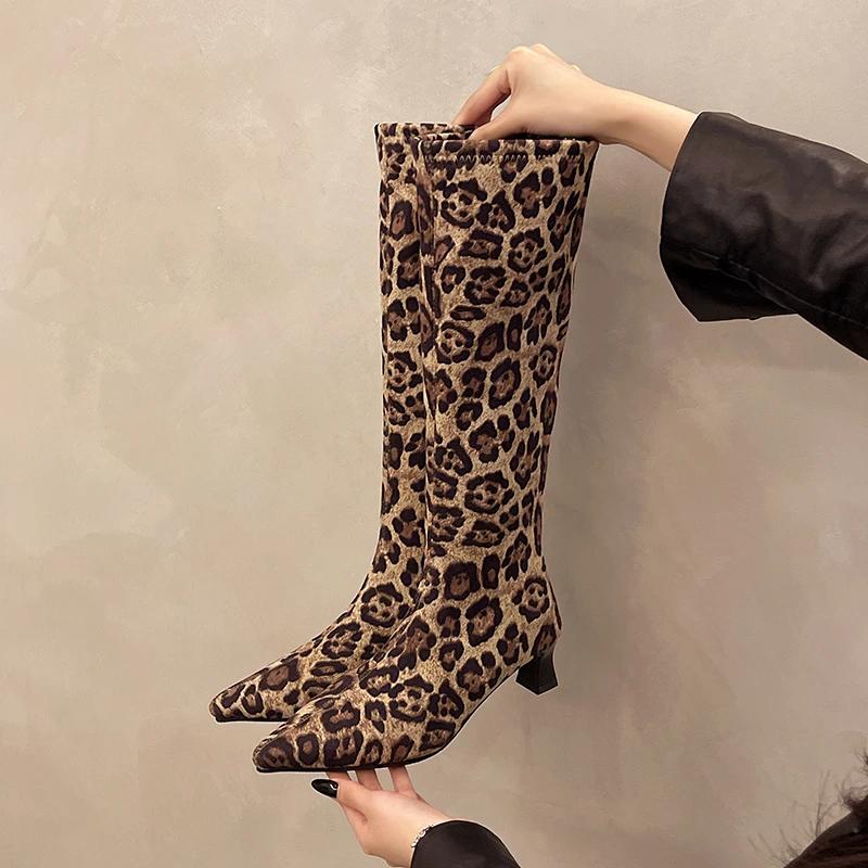 

2025 New Winter Women Stretch Modern Boots Leopard Print Shoes Ladies Sexy High Heel Long Booties 35