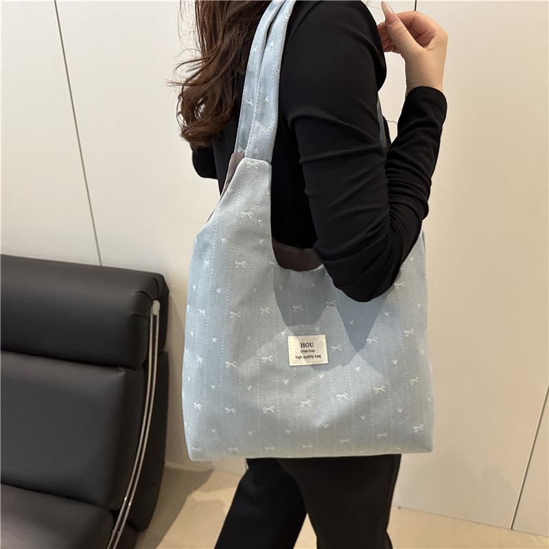 2025 Spring and Summer New Bow Denim Canvas Bag Korean Simple and Versatile Shoulder Bag Large-capacity Tote Bag