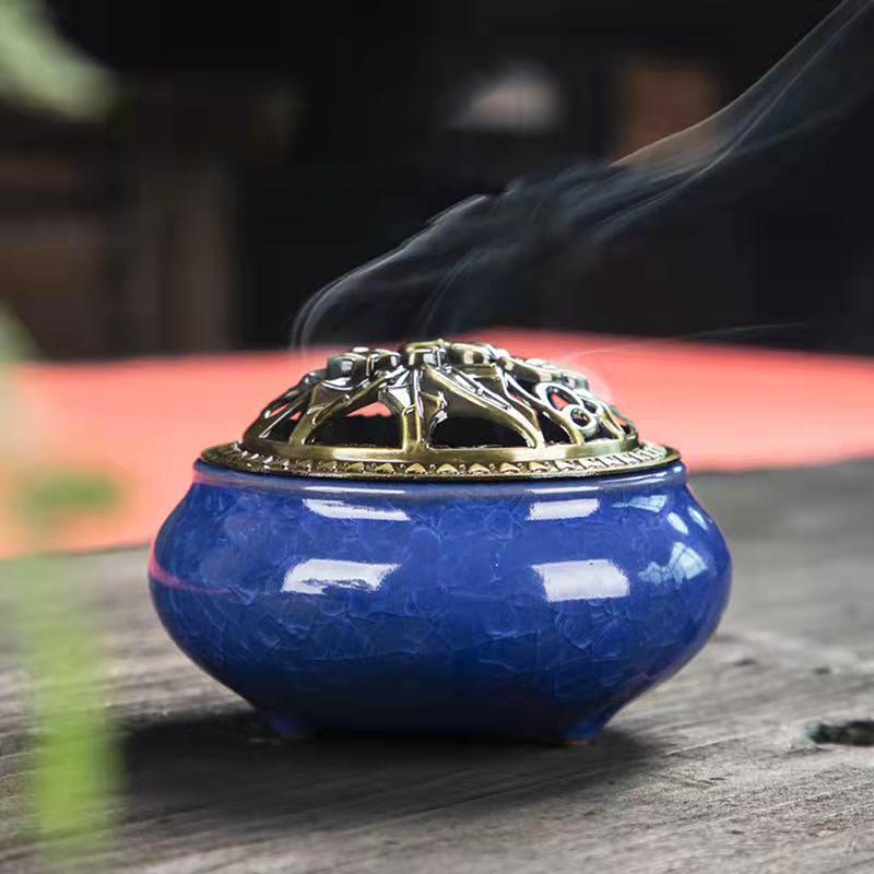 Incense Burner With Lid Hollow Top Censer Holder Heat Resistance Incense Tower Ice Crack Pattern Peaceful Mind Censer Burner