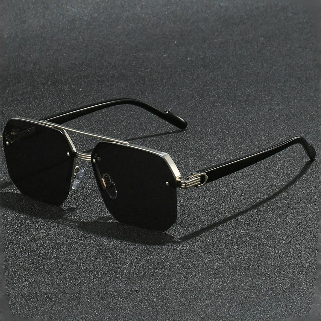 Metal Double Beam Square Sunglasses Men Half Frame Pilot Fashion Advanced Personality Stylish Eyewear