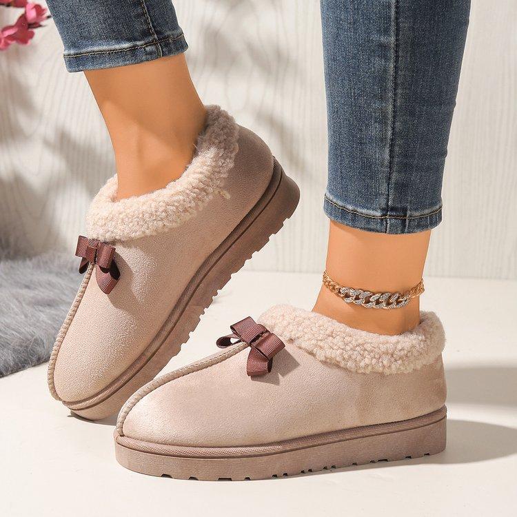 Autumn Winter Women's Footwear Plush Snow Boots Bow-tie Suede Warm Slip On Round Toe Boots Non-slip Thick Bottom Women Shoes