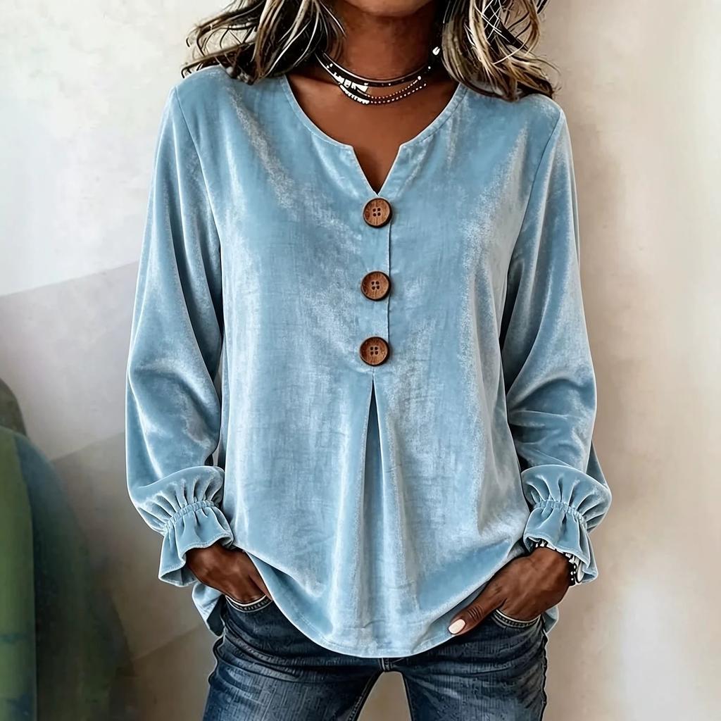 Spring Autumn Velvet Long Sleeved Shirt Fashion V-neck Button Comfortable Soft Casual Lose Large Size Versatile Women's Shirt