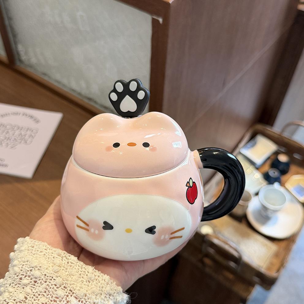 Katzenbecher mit Deckel Löffel hoher Wert Ins-Stil Paarbecher Keramik Trinkbecher für Mädchen Geburtstagsgeschenk