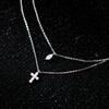 Real 925 Silver Double Layer Necklace Silver Shinying Zirconia Leaf and Cross Pendant for Women Wedding Party Jewelry