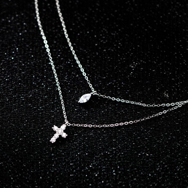 Real 925 Silver Double Layer Necklace Silver Shinying Zirconia Leaf and Cross Pendant for Women Wedding Party Jewelry