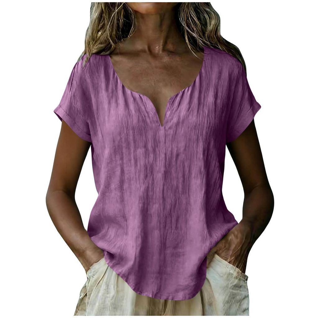 Women's Loose-Fit Fashionable Cotton-Linen -Color V-Neck Casual Top