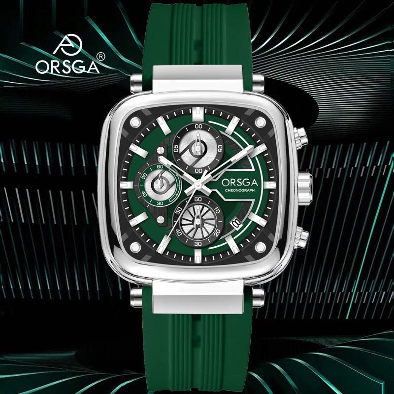 Mens Square Chronograph Watches Waterproof Luminous Quartz Wrist Watch with Silicone Strap