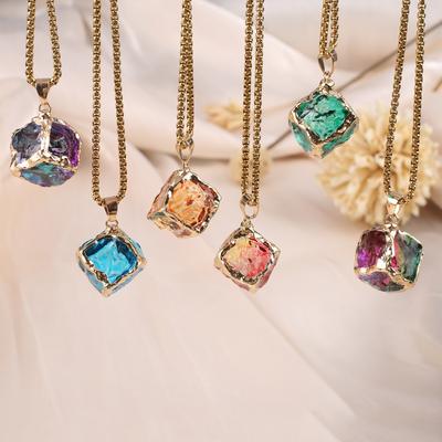 1Pc, Reiki Healing Crystal Necklace Pendant, Geometric Style Square Energy Natural Stone Chain Necklaces for Women Men Christmas Jewellery Gifts