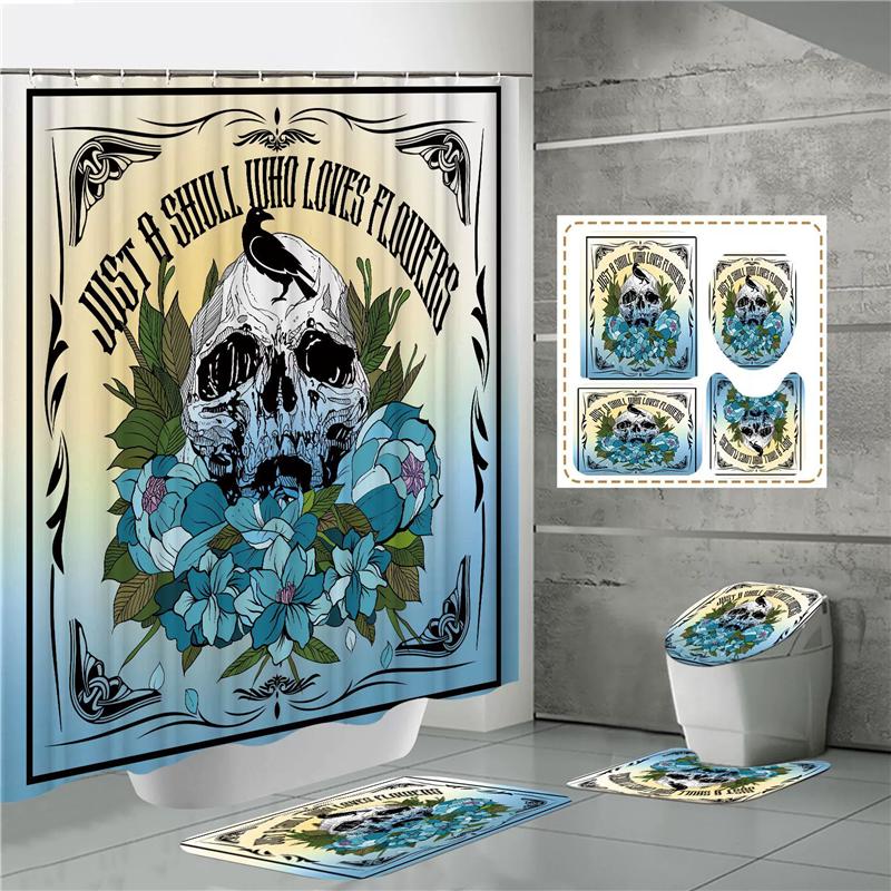 HOT Halloween Ghost Pumpkin Skull Shower Curtain Set with Non-Slip Rugs Toilet Lid Cover and Bath Mat Washable Trick or Treat