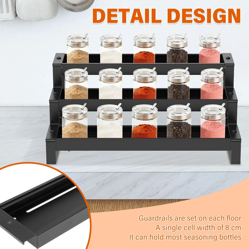 3 Tier Expandable Kitchen Storage Rack Carbon Steel Spice Bottle Rack With Fence Telescopic Seasoning Jar Organizer for Home
