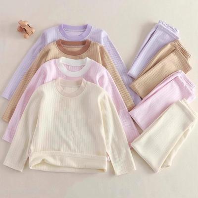 2-teiliges/Set Herbst Kinder Thermo-Pyjama-Set Gerippte Loungewear Kinder Homewear Weiche Rundhals-Nachtwäsche für Jungen Mädchen