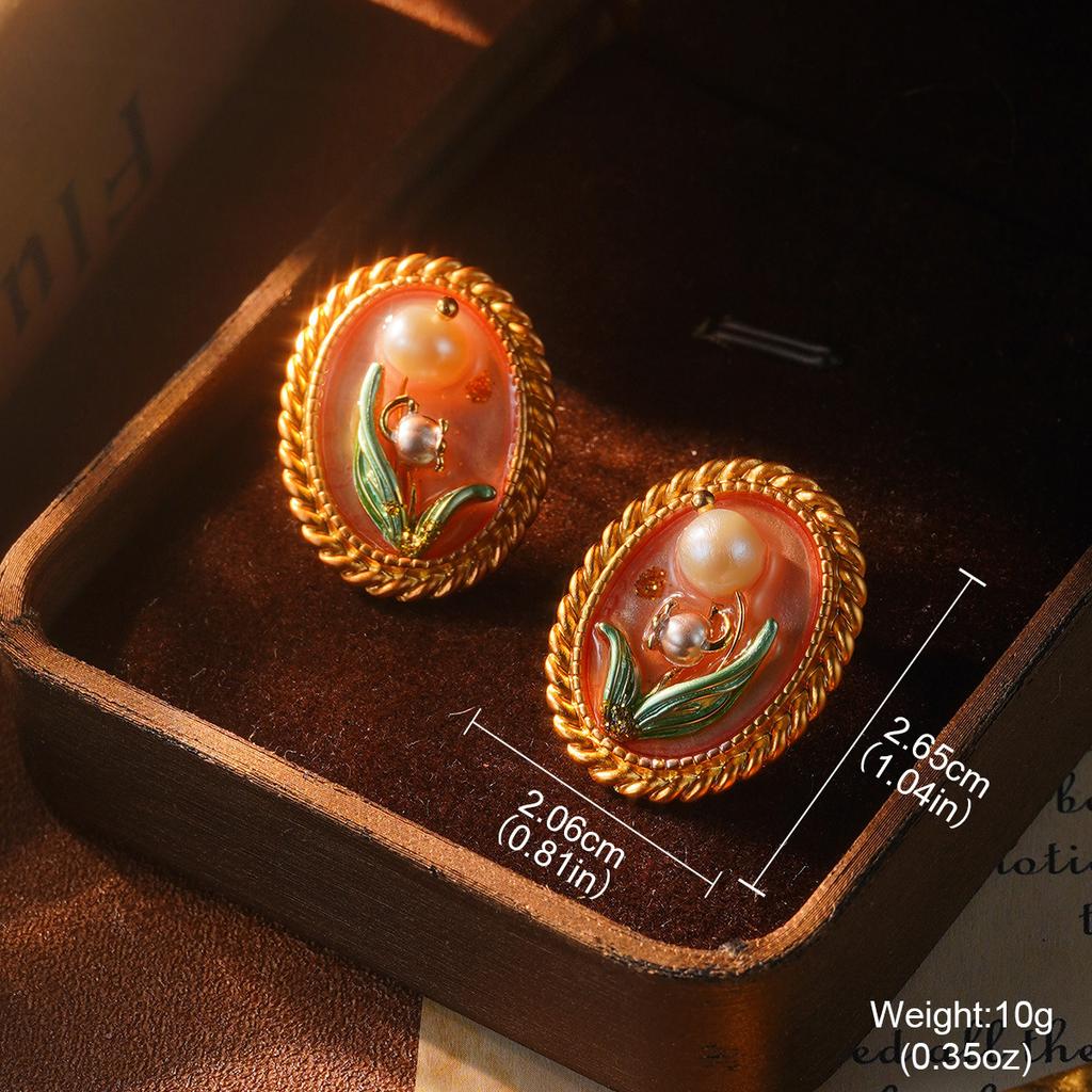 Retro Flower Love Earrings Natural Pearl Oil Painting Series Niche Female Stud Earrings Geometric High-end Earrings
