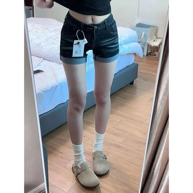 Women's High Waist Black Washed Denim Shorts Cuffed Hem Casual Jeans Shorts