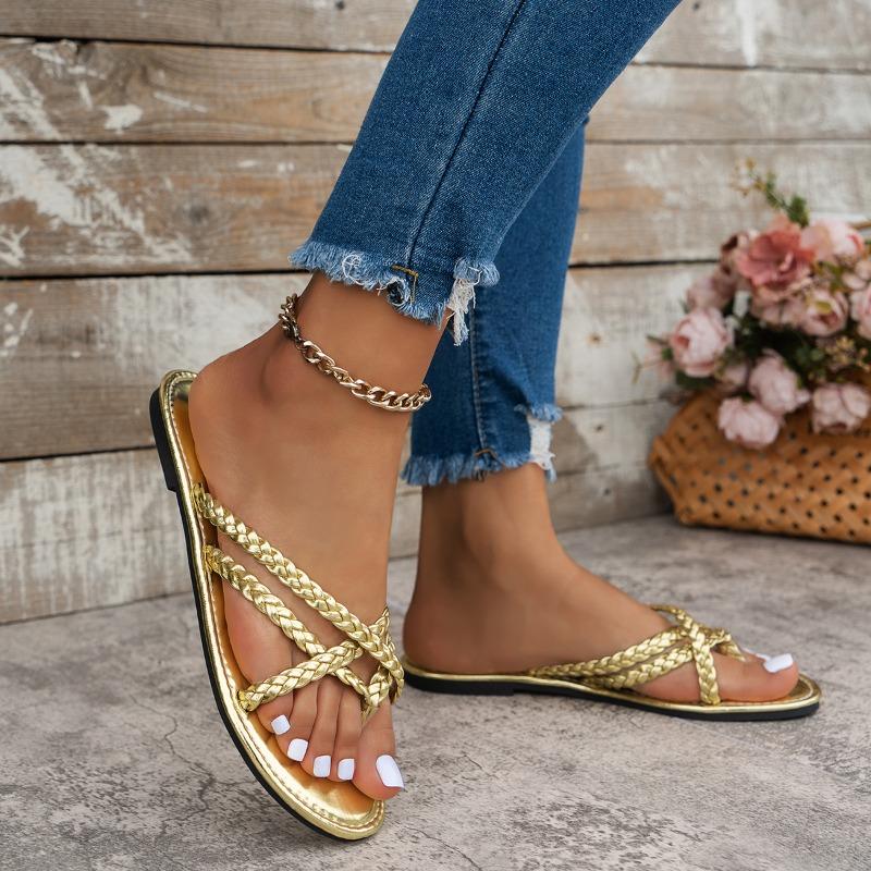 Fashion New Style Fashion Gold Clip Toe Sandals Women Summer Flat Heels Beach Flip Flops Woman Plus Size 43 Lightweight Outdoor Slippers