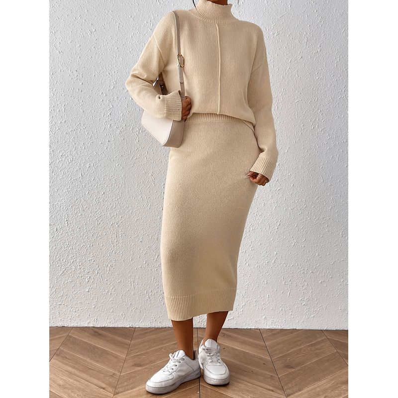 

Женский однотонный элегантный темпераментный однотонный комплект женская одежда полувысокий воротник пуловер свитер юбка на бедрах юбка комплект из двух предметов Apricot Suit L