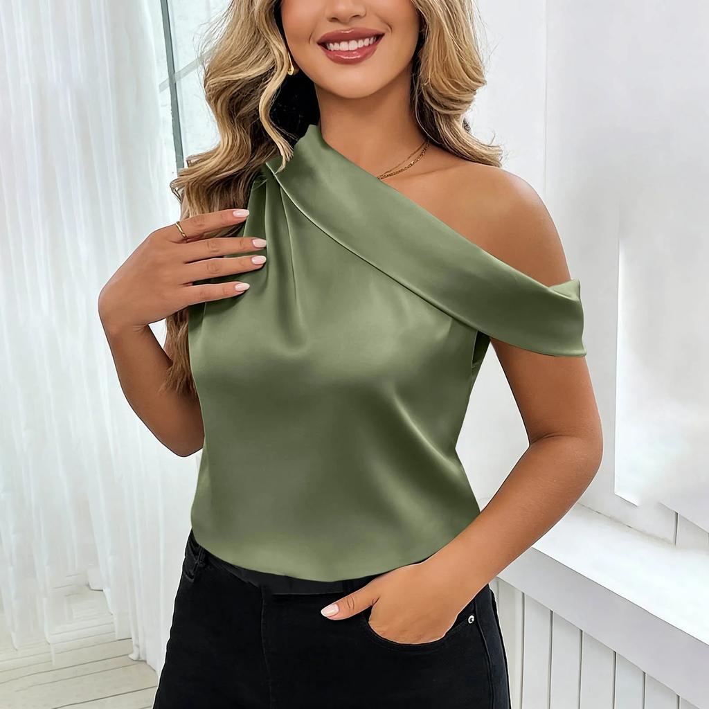Women’s Fashionable Casual Plain Off-the-Shoulder Satin Sleeveless Asymmetrical Hem T-Shirt Top