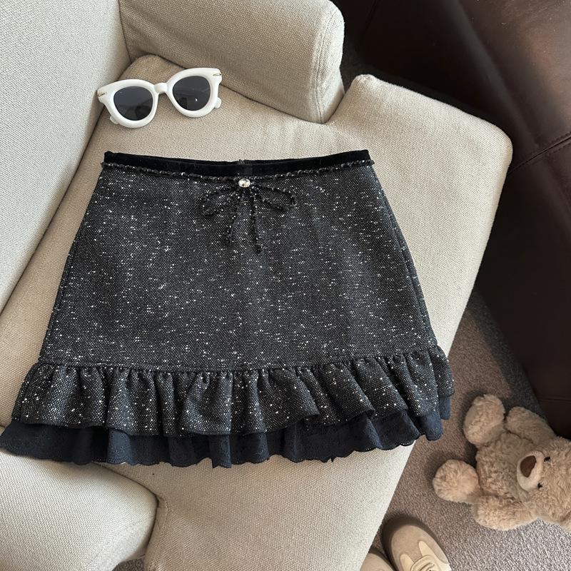2025 Retro Patchwork Ruffle Sparkle Wool Skirt - Women s Slim-Fit Autumn/Winter Fashion S чёрный