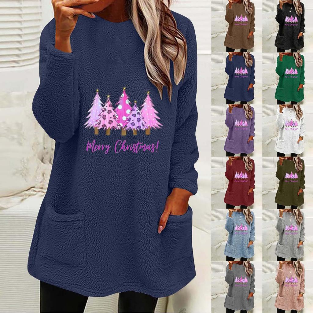 Women's Christmas Tree Print Round Neck Loose Long Sleeve Pocket Plush Hoodie
