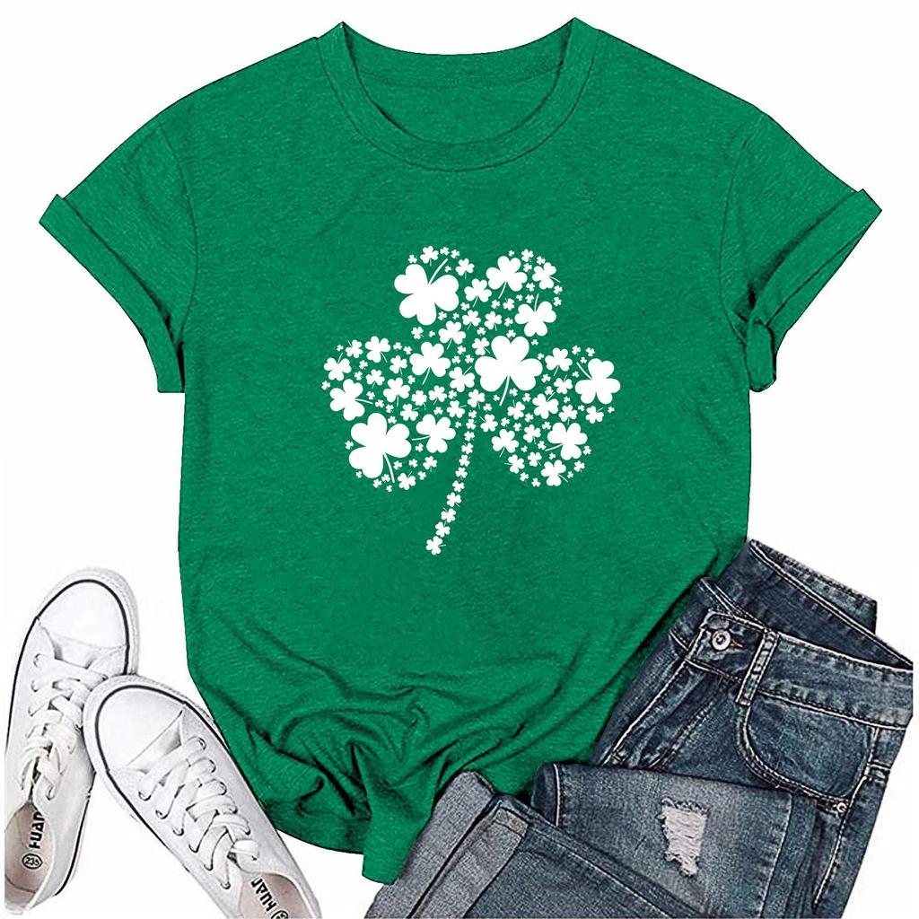St. Patrick's Adult Green Crew-neck Short-sleeved Printed Green Three-leaf T-shirt