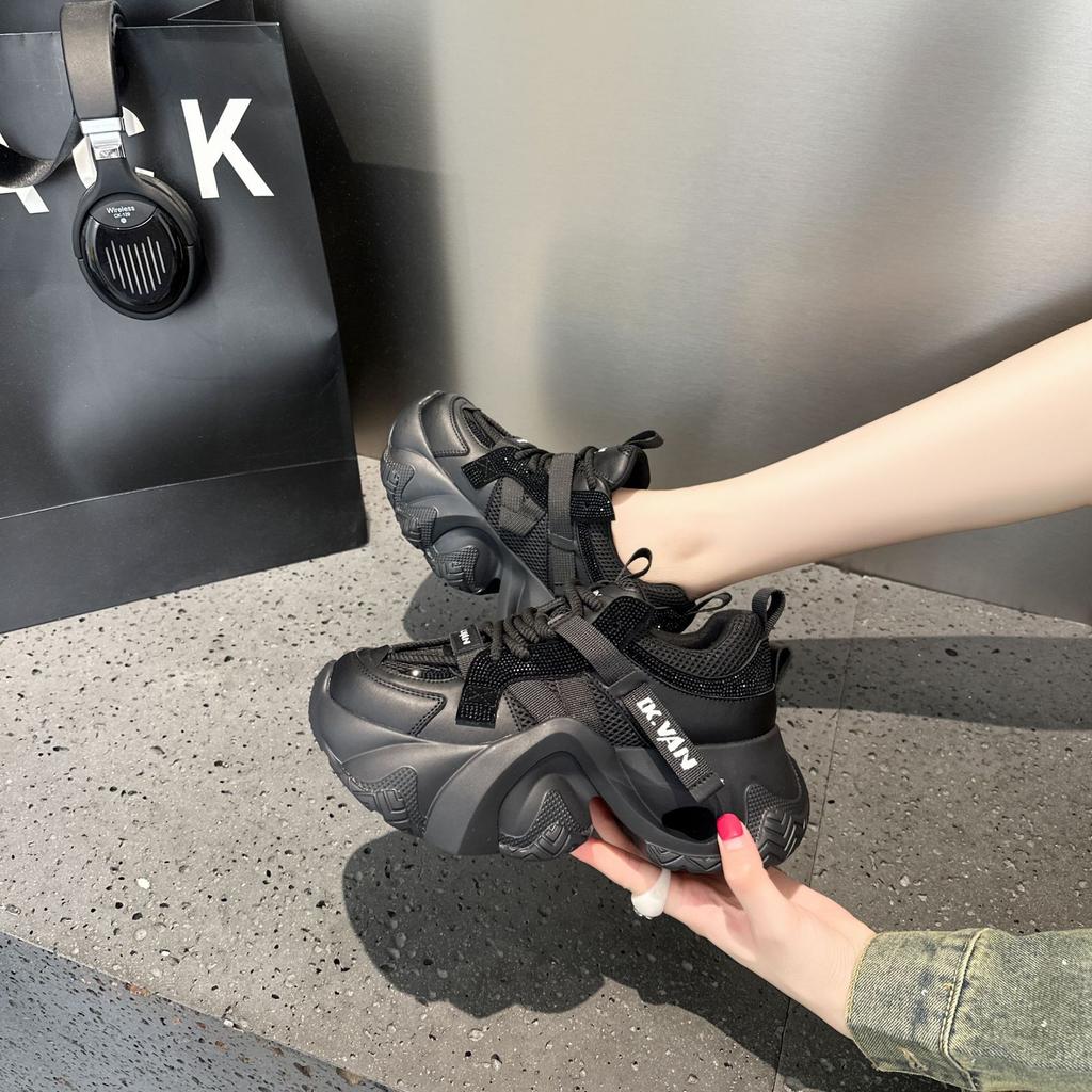Leather platform mesh dad shoes women's 2025 summer new breathable hollow rhinestone small casual sports shoes