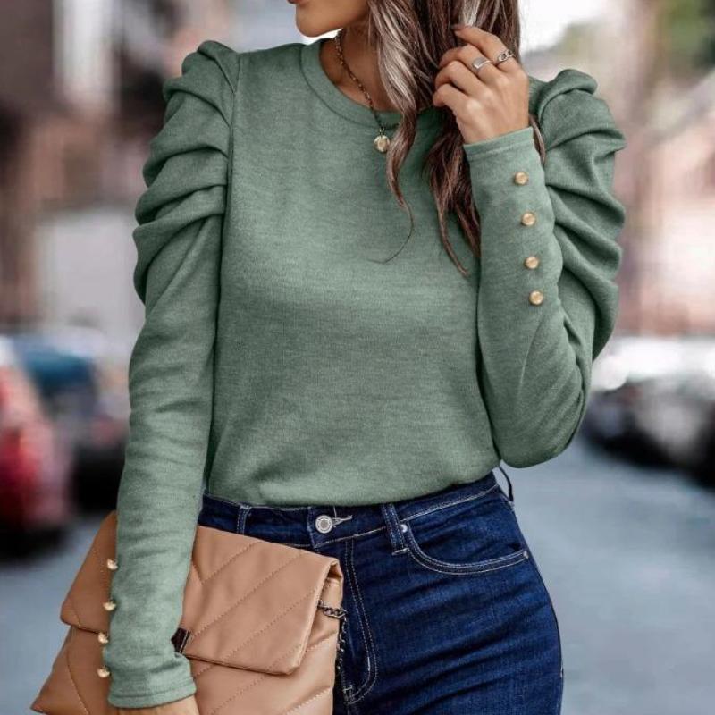 

Женская осенне-зимняя высокоэластичная кашемировая футболка с круглым вырезом, облегающий топ с длинными рукавами и пузырьковыми рукавами