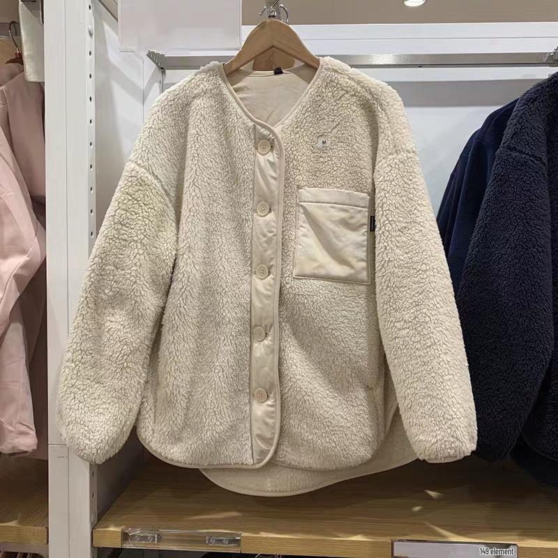 2025 Women's Faux Lambswool Fleece Cardigan Jacket 474871 - Warm Round Neck for Autumn/Winter