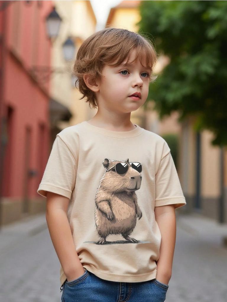 Summer Capybara Wearing Sunglasses Printed Round Neck T-shirt Casual Versatile Short-sleeved T-shirt Boys Short-sleeved Top