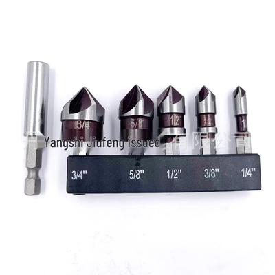 5-Piece Red 82° Five-Flute Chamfer Cutter Set, Hex Shank, Carbon Steel Countersink for Woodworking