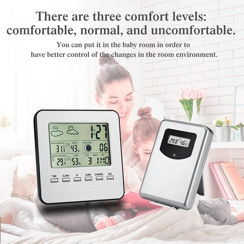 Wireless Digital Hygrometer Indoor Outdoor Thermometer Room Thermometer and Humidity Gauge Weather Forecast Alarm Date Comfortable Level Display
