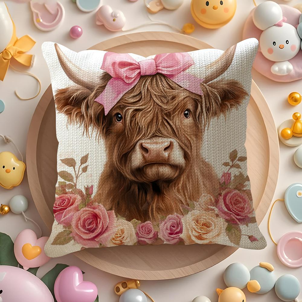Highland cow and flower Cushion Cover Natural Linen Organic Fabric DoubleSided Printing Sofa Home Decor Gift Pillow Cover