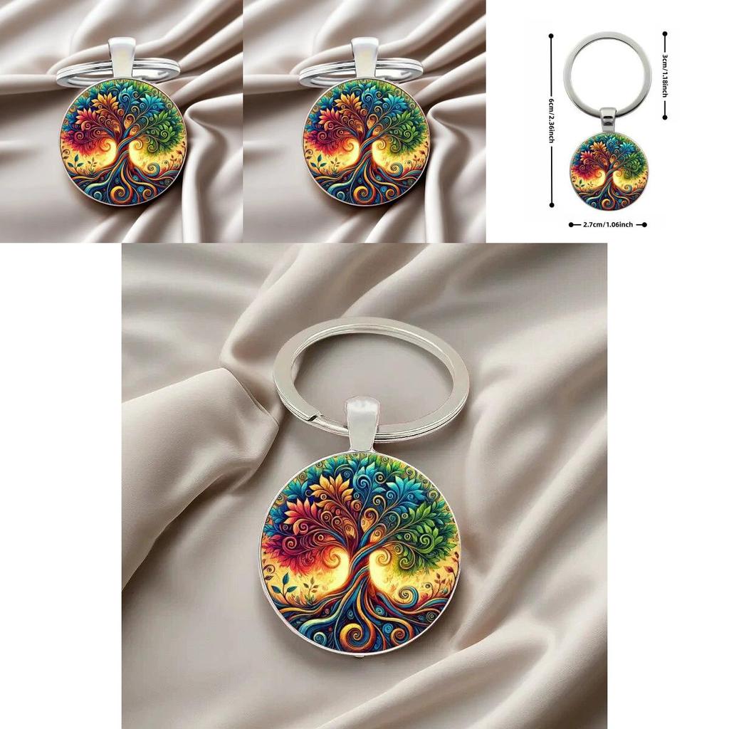 Life Tree Glass Pendant Keychain With Vibrant Line Design For Celebration And Souvenir Use
