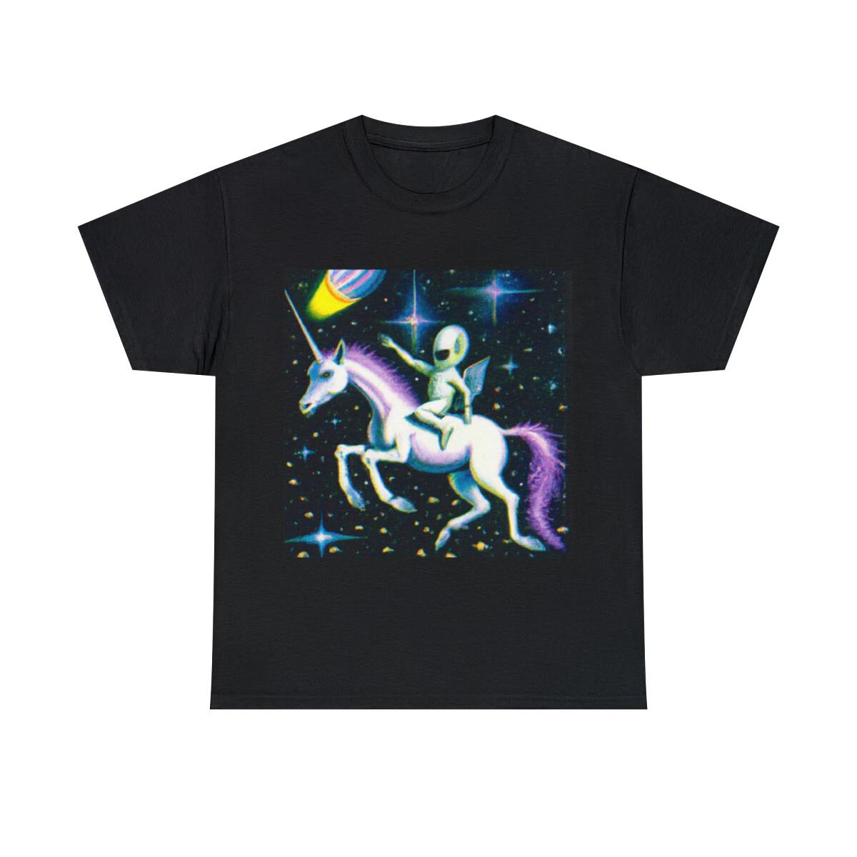 Unisex Adult T Shirt Alien Riding Unicorn Funny UFO Tee Weird Hipster Novelty M