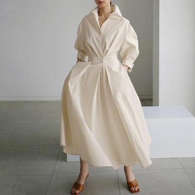 Oversized Elegant Women Autumn Sundress Fashion Lapel Neck Long Sleeve Solid Long Shirt Dress OL Vestidos Robe Femme