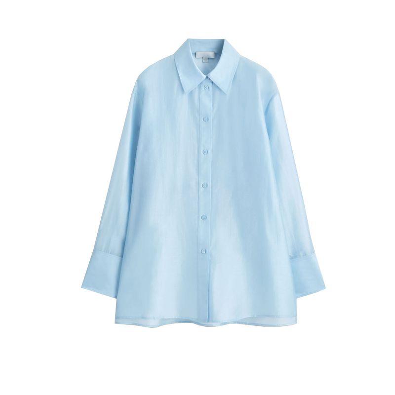 

CS Autumn New Product Women clothes French style Lapel Long sleeve Standard Edition Perspective Texture Shirts Top 1311305 Blue 40