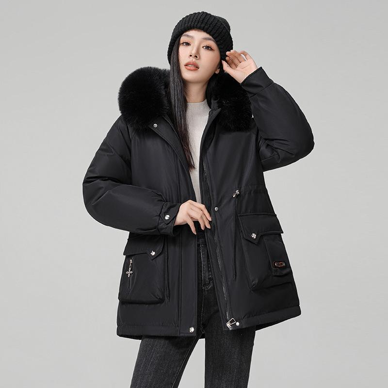 

Pie Overveil женская зимняя новая талия и тонкий капюшон с большим меховым воротником плюшевая хлопковая одежда средняя и длинная куртка хлопковая одежда M чёрный