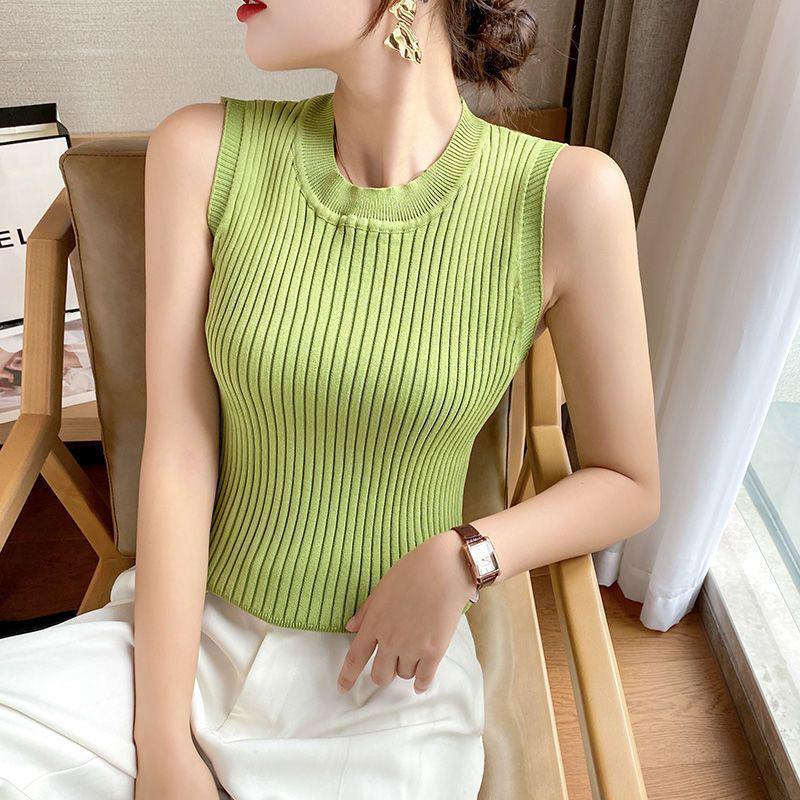 Women's Round Neck Sleeveless Knitted Camisole Tank Top - Ice Silk Summer Base Layer Top