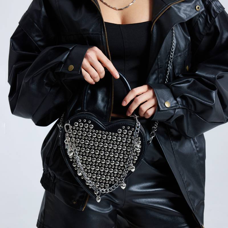 Pu Heart Shaped Bag For Women With Doublesided Stud Embellishments And Chain Strap For Daily Use