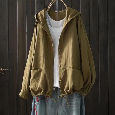 Giacca da donna primaverile ed estiva, stile retrò, casual, ampia, tinta unita, sottile e traspirante, con cappuccio