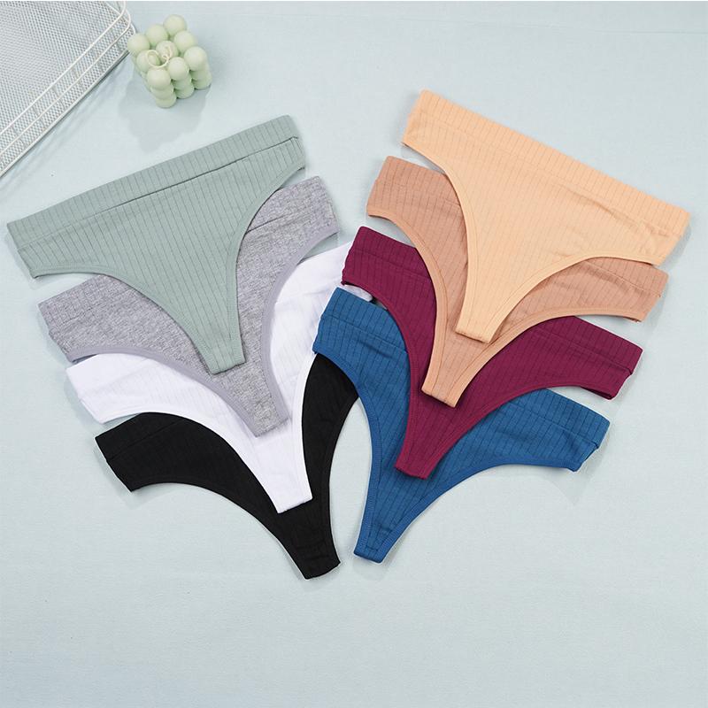 FINETOO 4 ks/sada Dámské bavlněné tanga kalhotky Ženské žebrované s nízkým pasem G-string Dámské sexy bikini string Dívčí měkké S-L Intimní prádlo