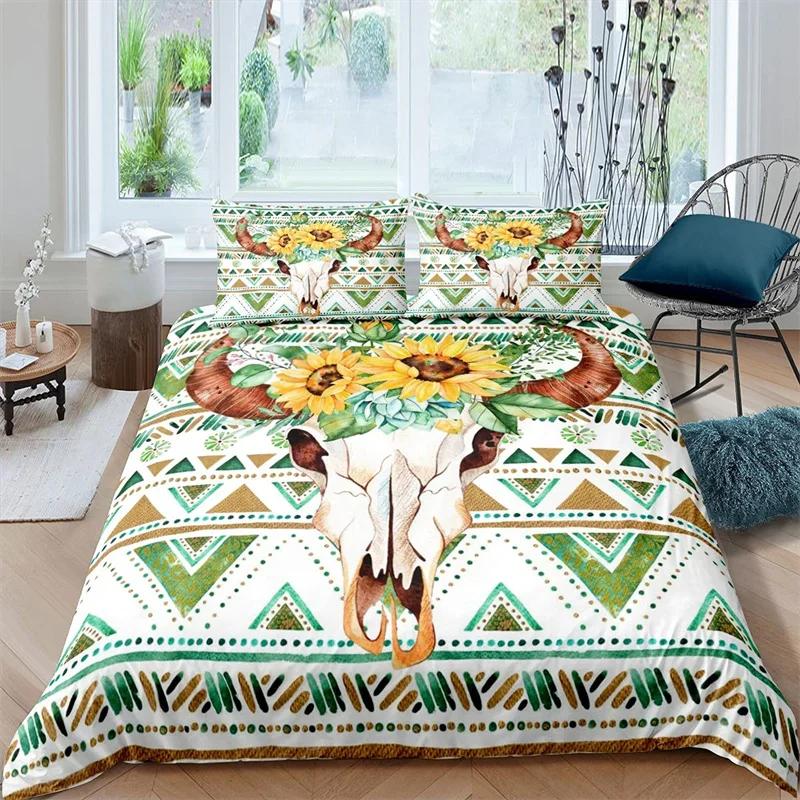 Exotic Bull Skull Duvet Cover Twin Queen Size Western Bedding Set Bohemia Flowers Quilt Cover Microfiber Feather Comforter Cover