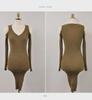 Ribbed High Elastic V-Neck Off-Shoulder Sweater Dress - Korean Style 2023
