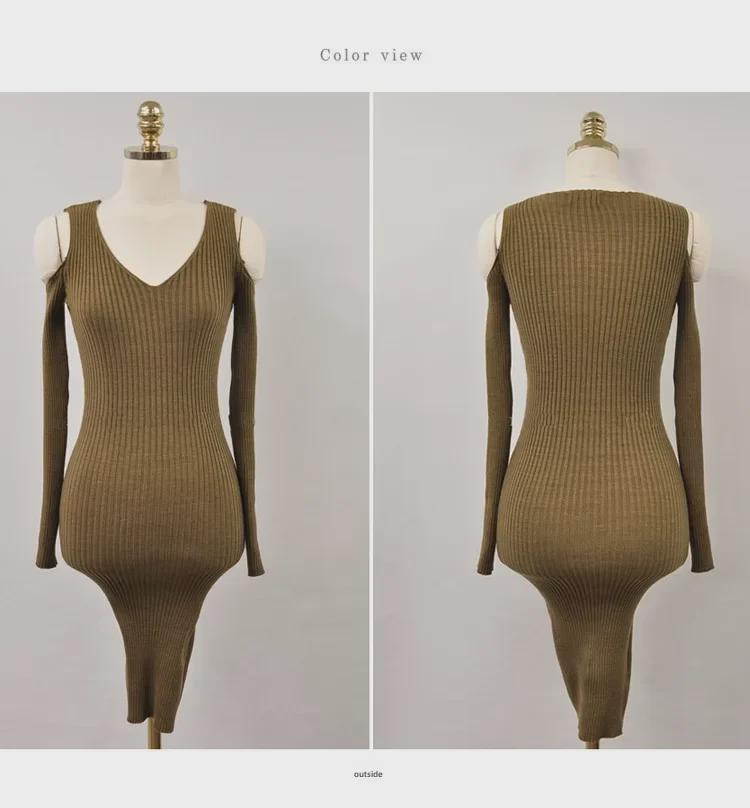Ribbed High Elastic V-Neck Off-Shoulder Sweater Dress - Korean Style 2023