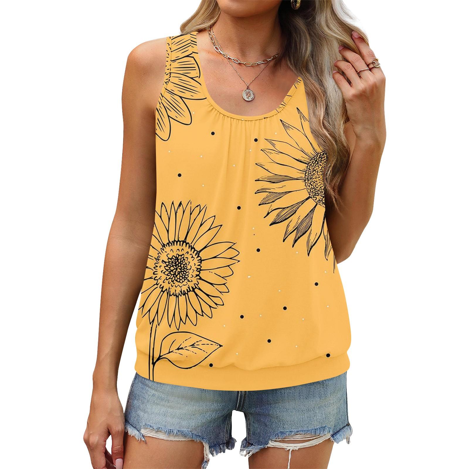 

Женский летний жилет, свободная плиссированная рубашка с круглым вырезом, повседневный топ без рукавов XL жёлтый