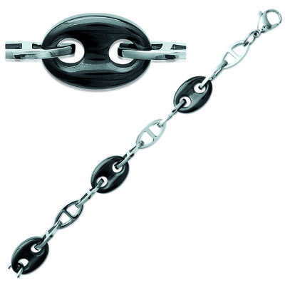 [P4342] - Schwarzes und silbernes 'Coffee Bean'-Stahlarmband - 19 cm 25 x 15 mm