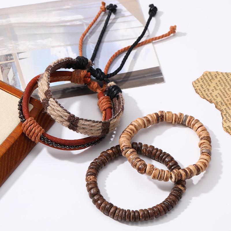 Simple Retro Suit Bracelet DIY Woven Cowhide Bracelet Coconut Shell Bracelet Men's Hemp Rope Genuine Leather Bracelet