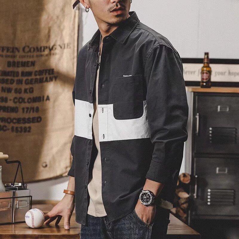 Colorblocking-Arbeitshemd für Herren, langärmelig, locker, gutaussehend, lässig, vielseitig, Spleißhemdjacke, Flut